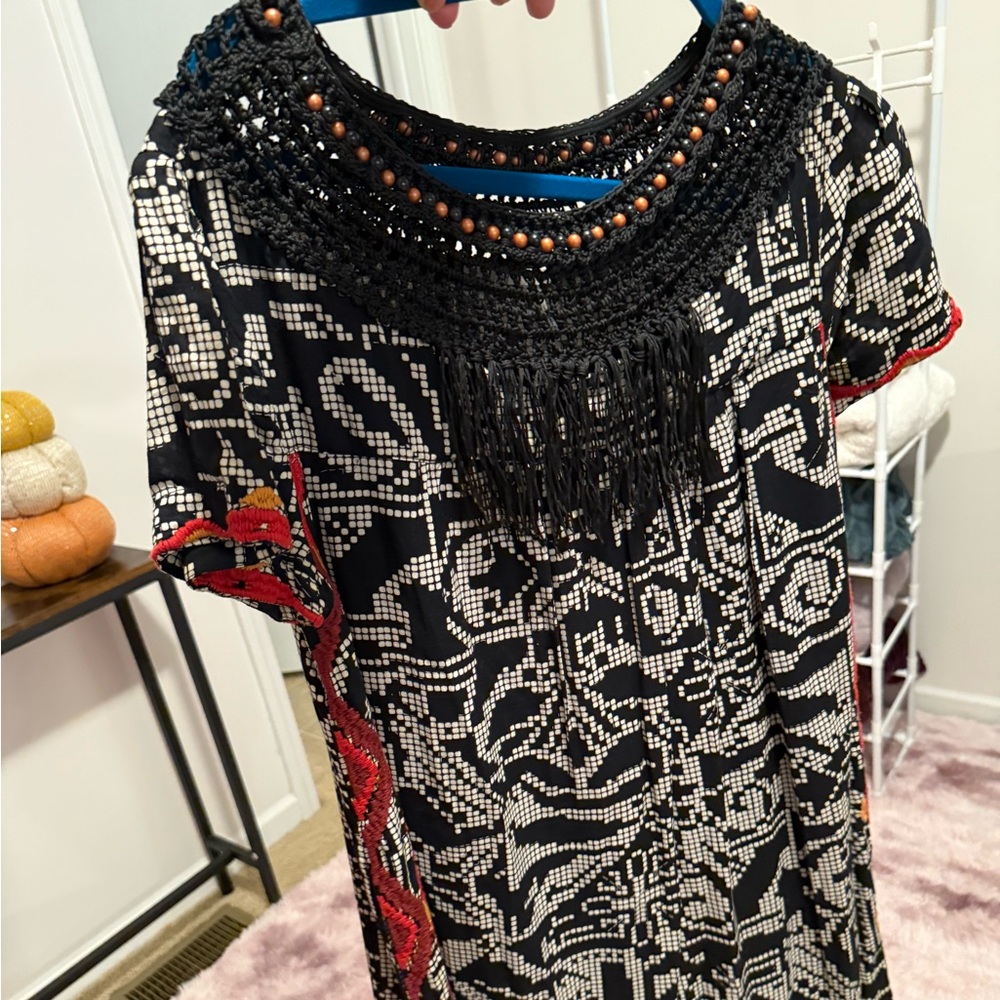 Floreat Black and White Patterned Top with Red Accents